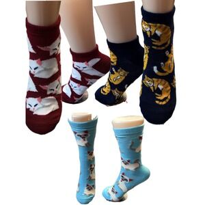 HYP Women Cat Graphic Socks 3 Pairs Ankle Crew Burgundy Navy Blue Shoe Size-4-10